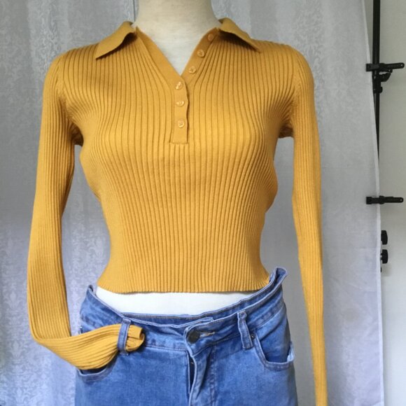 CALVIN KLEIN Ribbed Sweater Crop Top Collared 1/4 Open Long Sleeve Mustard XS - Picture 1 of 10